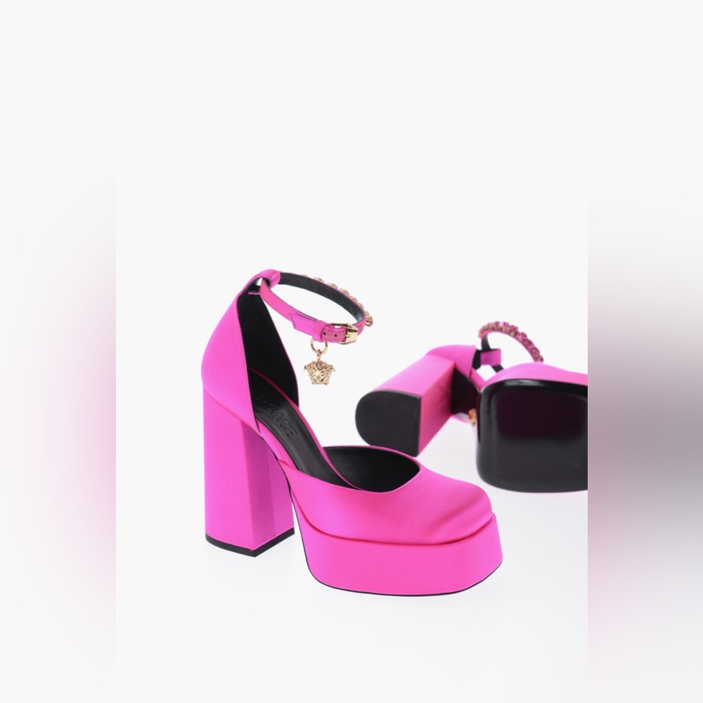 VERSACE JEWEL STRAP SATIN PLATFORM PUMPS